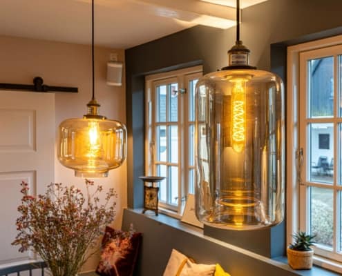 To forskelligformede loftslamper i samme stil over spisebord